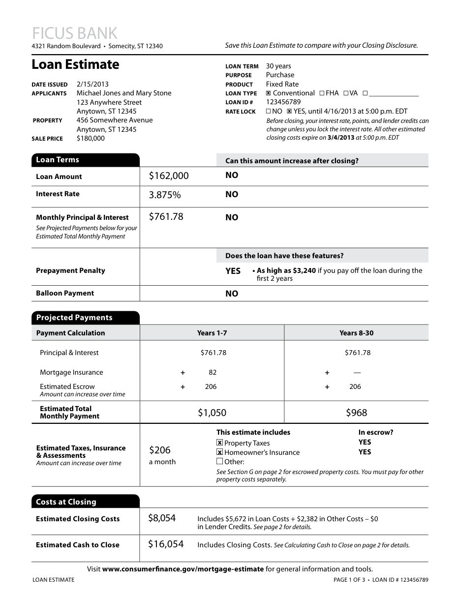 Example first page of a Loan Estimate: the lender's name at the top, then Loan Terms, Projected Payments, and Costs at Closing tables