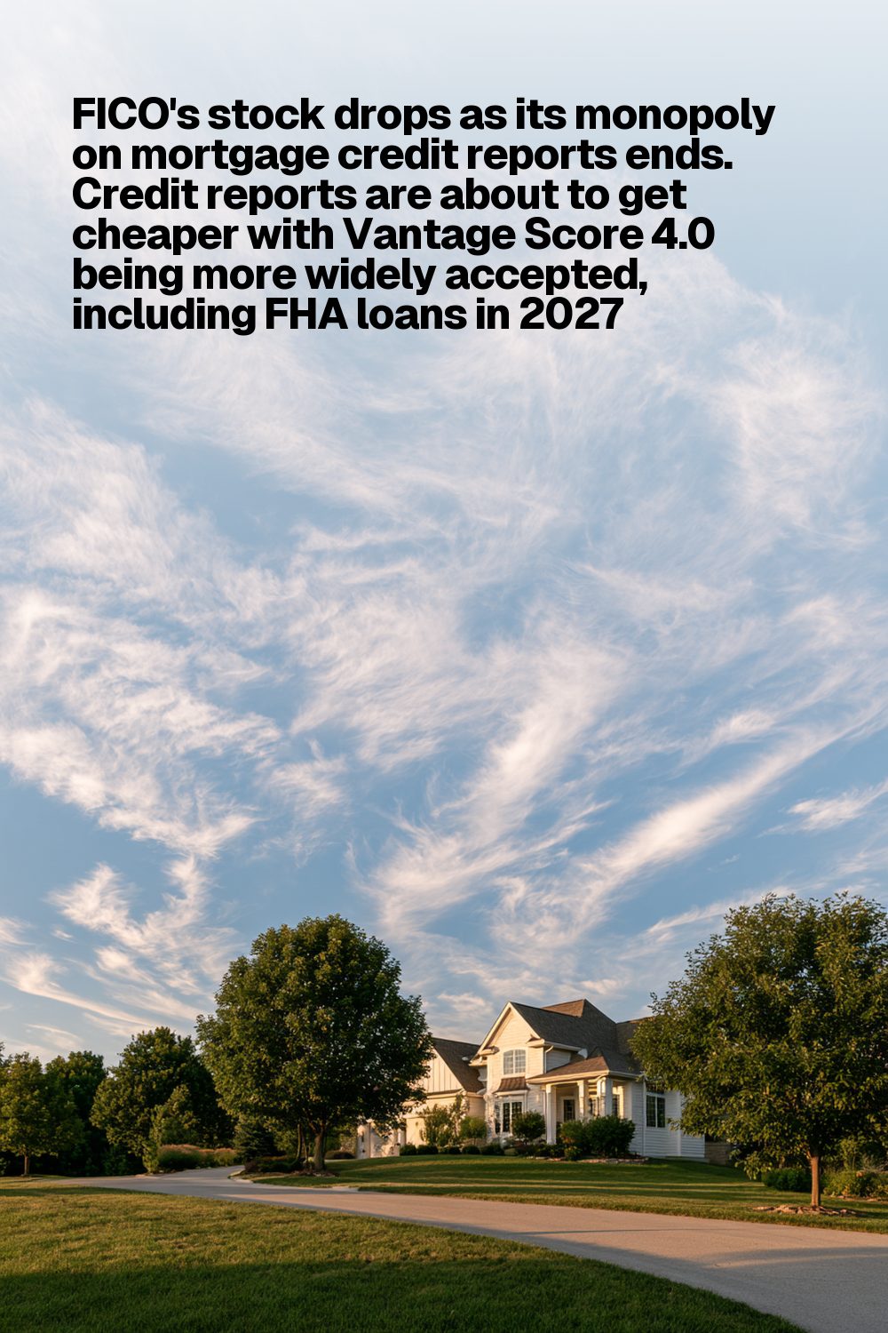 FICO's stock drops as its monopoly on mortgage credit reports ends. Credit reports are about to get cheaper with Vantage Score 4.0 being more widely accepted, including FHA loans in 2027